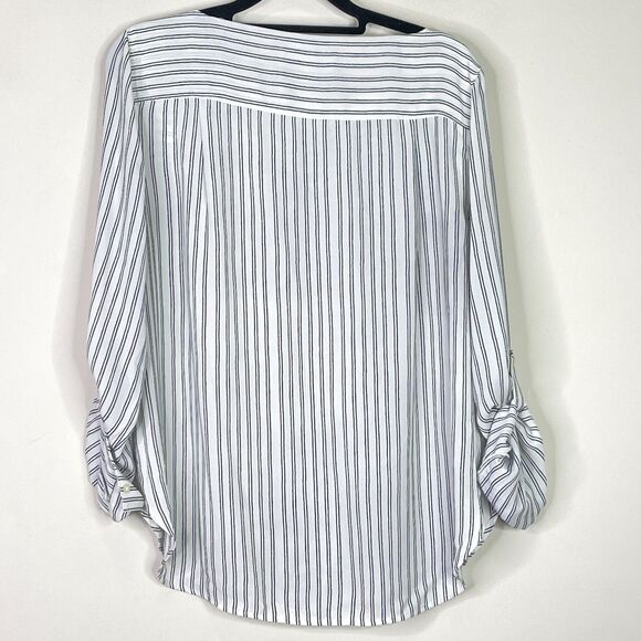 LOFT Roll Tab Sleeve Flowy Striped Blouse Women's Size Medium Petite - Picture 2 of 6